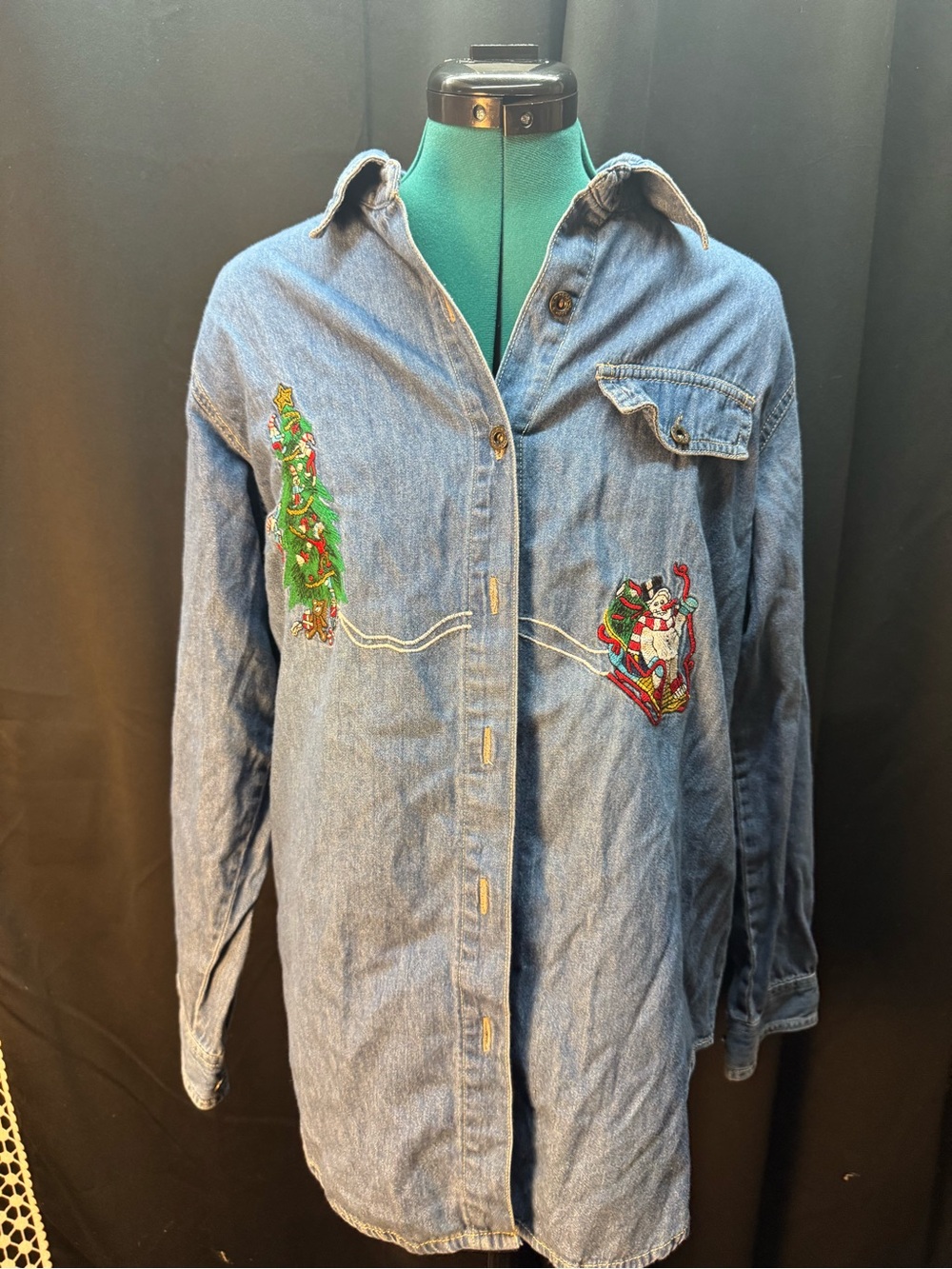 Embroidered Denim Button-Down Shirt - Blue